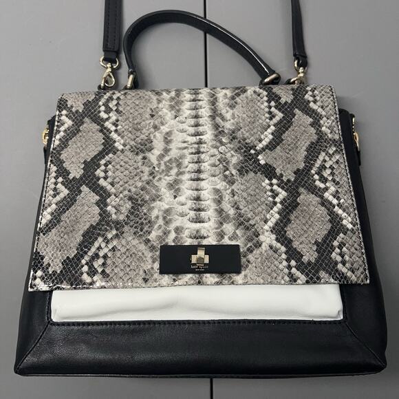 Kate Spade Magnolia Park Large Laurel Satchel Snake Embossed Leather Black White - Picture 2 of 16